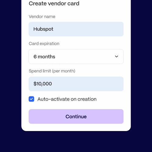 A form to create a vendor card with fields for vendor name, card expiration, spend limit, and an auto-activate checkbox. The vendor name is Hubspot and spend limit is $10,000.
