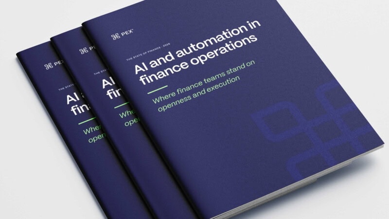 Cover of a report titled 'AI and automation in finance operations' by PEX, featuring a dark blue background and modern design elements.