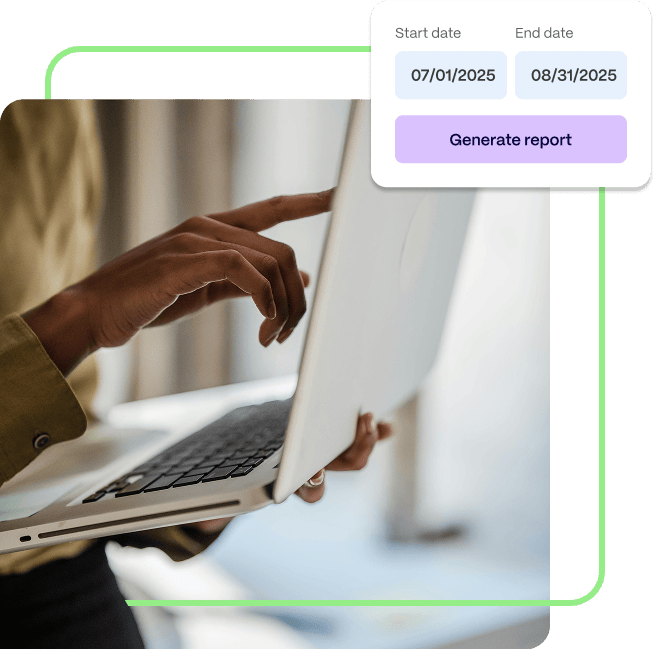 Person using a laptop with an overlaid date range selector showing start and end dates and a "Generate report" button—perfect for automated expense reporting.