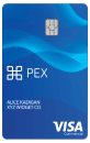 Blue credit card with a chip, labeled "PEX" and "VISA Commercial." Contains placeholder text resembling a cardholder's name and card number.
