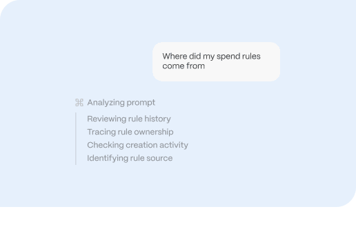 Screenshot of a digital interface showing a question about spend rules and a review process for rule history and creation activity.