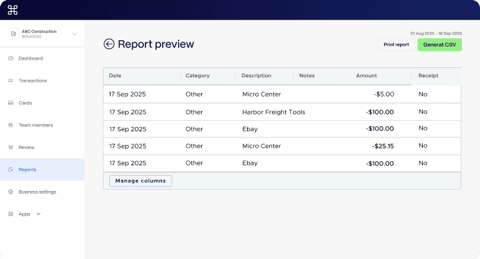 A report preview screen lists expenses with GL-coding, showing date, category, description, amount, and receipt status, plus options to print or generate a CSV file.