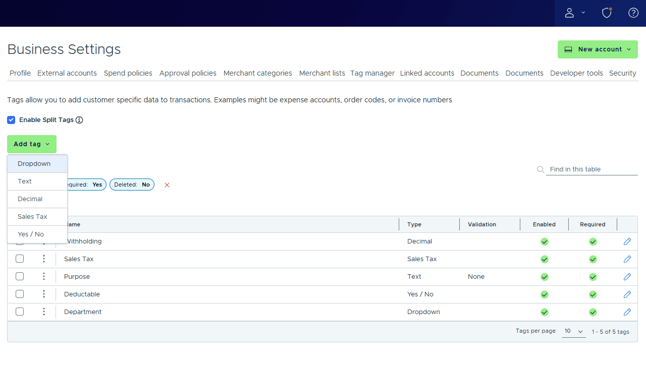 Screenshot of a spend management software settings page displaying tag options such as Withholding, Sales Tax, Purpose, and Depreciation. It includes buttons for adding tags, enabling split tags, and table search functionalities.
