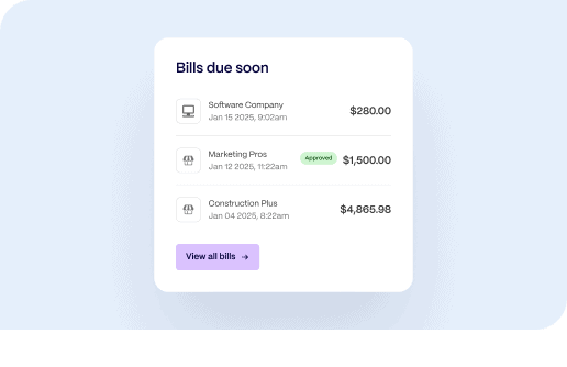 Screenshot of a bills due soon interface showing upcoming payments for software, marketing, and construction with status and amounts.