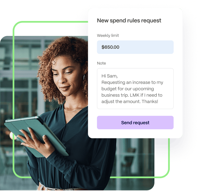 A woman holding a tablet stands next to a digital form, submitting a $650 weekly spend limit request with a note for budget approval—showcasing powerful PEX features in action.