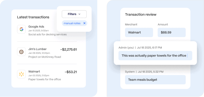 A digital dashboard displays recent transactions and a review panel, showing purchase details, manual notes, merchant names, amounts, and admin comments.