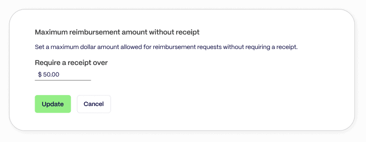 Settings screen displaying the PEX features, including a field for "Require a receipt over $50.00," with Update and Cancel buttons below. Text explains you can set a reimbursement limit without needing a receipt.