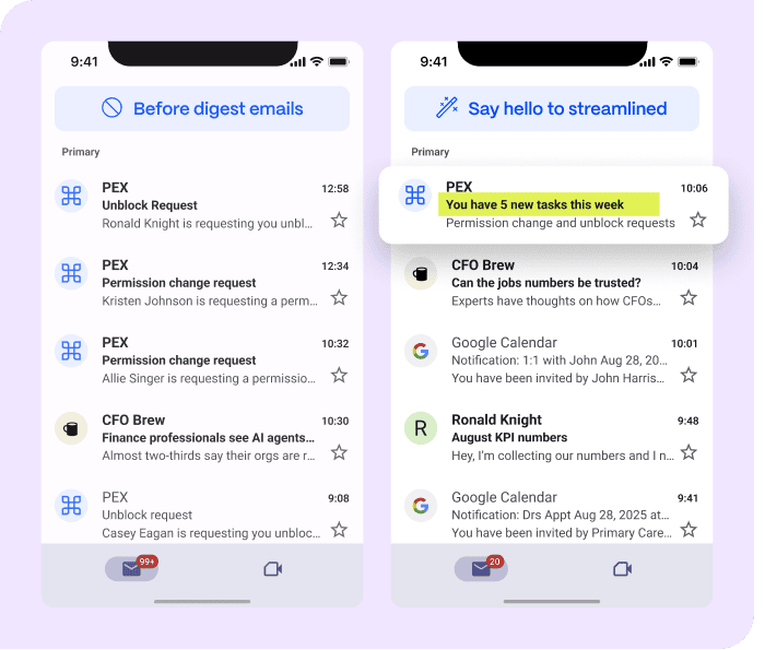 Two smartphone screens show email inboxes. The left inbox has multiple permission requests; the right highlights a notification about five new tasks this week among other emails.