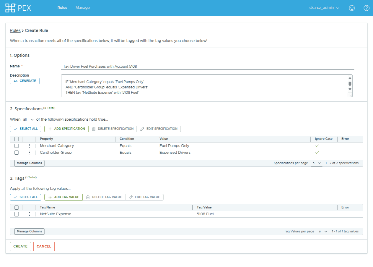 Screenshot of the PEX interface displaying settings for crafting rules using merchant categories and tags, specifically targeting transactions associated with fuel purchases. This feature helps streamline processes amidst the growing accounting talent shortage.