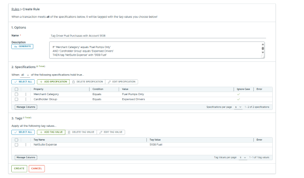 Screenshot of a rule creation interface on a PEX platform, showcasing spend management software features. It offers options for tagging driver fuel purchases with specific descriptions and criteria for applying the rule effectively.