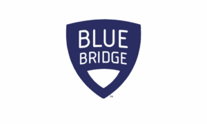 BlueBridge Alliance logo featuring the words "BLUE BRIDGE" in white, centered inside a dark blue shield on a white background.