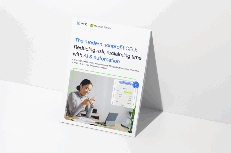 A brochure titled "The modern nonprofit CFO: Reducing risk, reclaiming time with AI & automation" featuring a woman using a laptop and a digital financial dashboard.