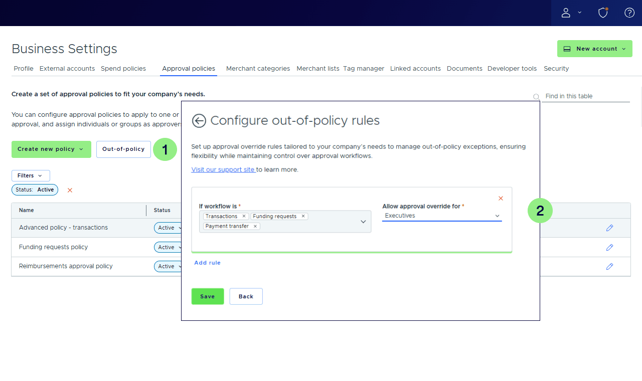 Screenshot of a business settings dashboard displaying back office operations, including configuration of out-of-policy rules with workflow setup for transactions, funding requests, and approval override for executives.