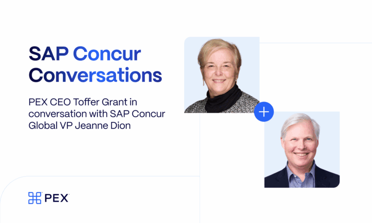 Two professional headshots of Toffer Grant and Jeanne Dion with text announcing an upcoming SAP Concur Conversations event hosted by PEX.