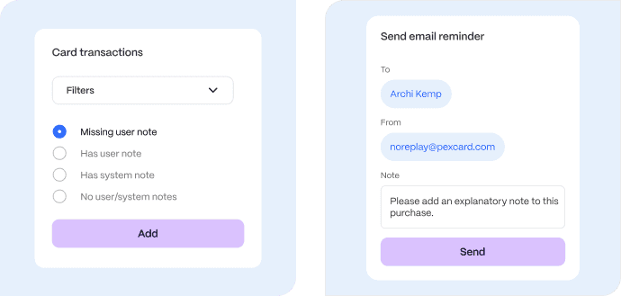 Card transactions and email reminders in PEX