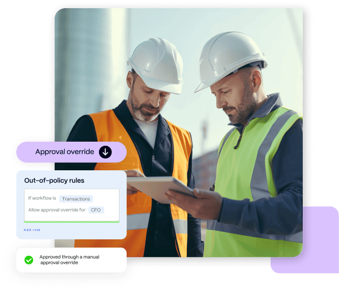 Two construction workers wearing hard hats and safety vests review a document on a tablet. Meanwhile, an overlay highlights an approval override notification tied to back office operations and transactions.