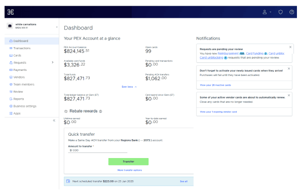 PEX Dashboard image example - Monitor and control your company's expenses in one place and speed up month-end close. 
