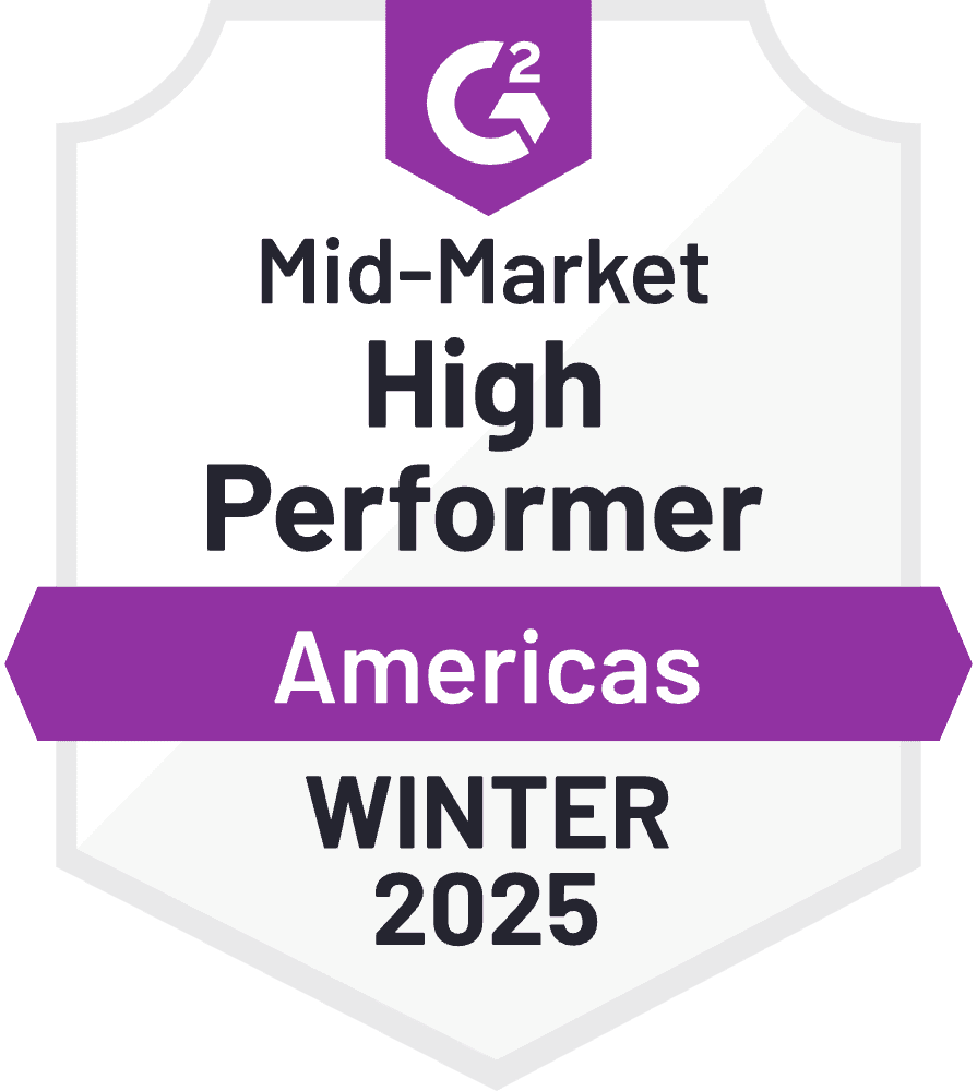 G2 badge labeled "Mid-Market High Performer Americas Winter 2025" in purple and white.