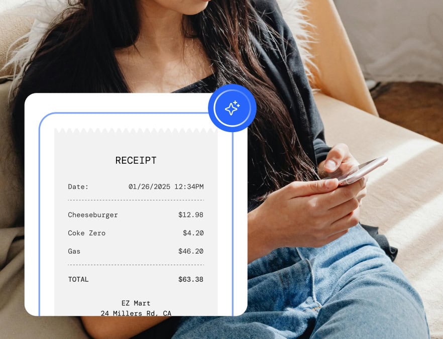 Frame 1171276253 (3) A woman sits on a couch using her phone, with a digital overlay of a receipt showing purchases of a cheeseburger, Coke Zero, gas, and a total of $63.38.