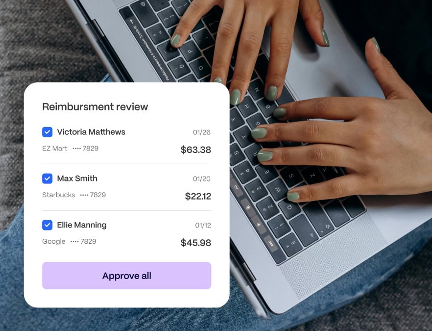 Frame 1171276253 (4) Person typing on a laptop with a reimbursement review pop-up showing three expense items and an "Approve all" button.