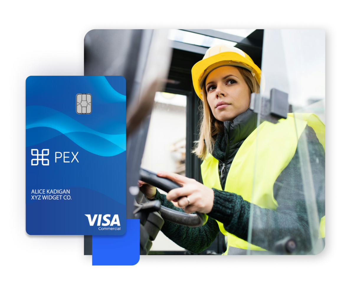 Person in a yellow hard hat and safety vest operates machinery. Inset shows a PEX Visa card with a blue design.