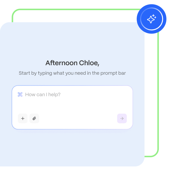 Screenshot of an AI platform interface with a chat prompt for user input, featuring a friendly greeting and a text box for assistance.