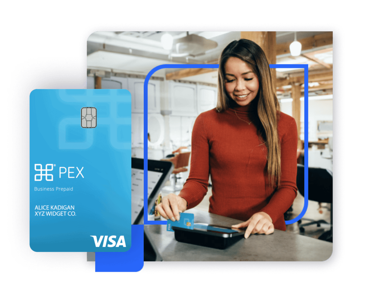 Woman in red sweater using a payment terminal on a counter, with a blue PEX Visa business prepaid card displayed in the foreground.
