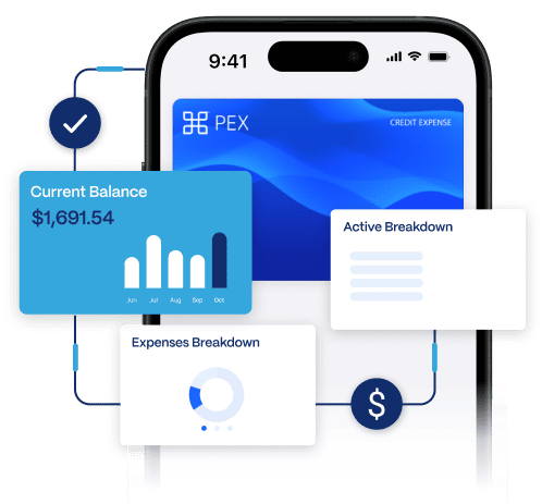 Group 1171274906 A smartphone displays financial software with graphs and cards showing a current balance of $1,691.54 and expense breakdowns.