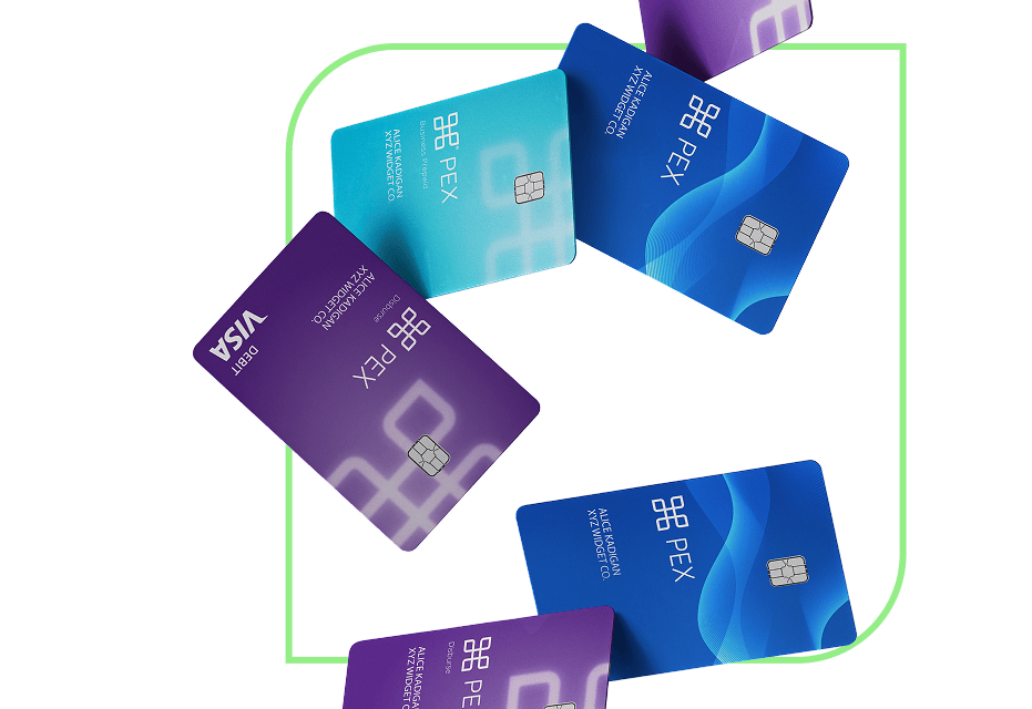 Group 1171275116 Several blue and purple PEX Visa cards are arranged in a scattered pattern on a white background with a green outline.