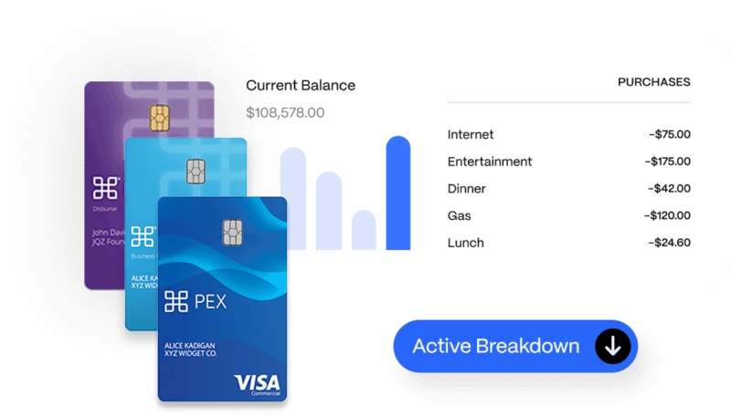 Image depicting a financial summary with credit cards, current balance of $108,578.00, recent purchases list, and a button labeled "Active Breakdown.