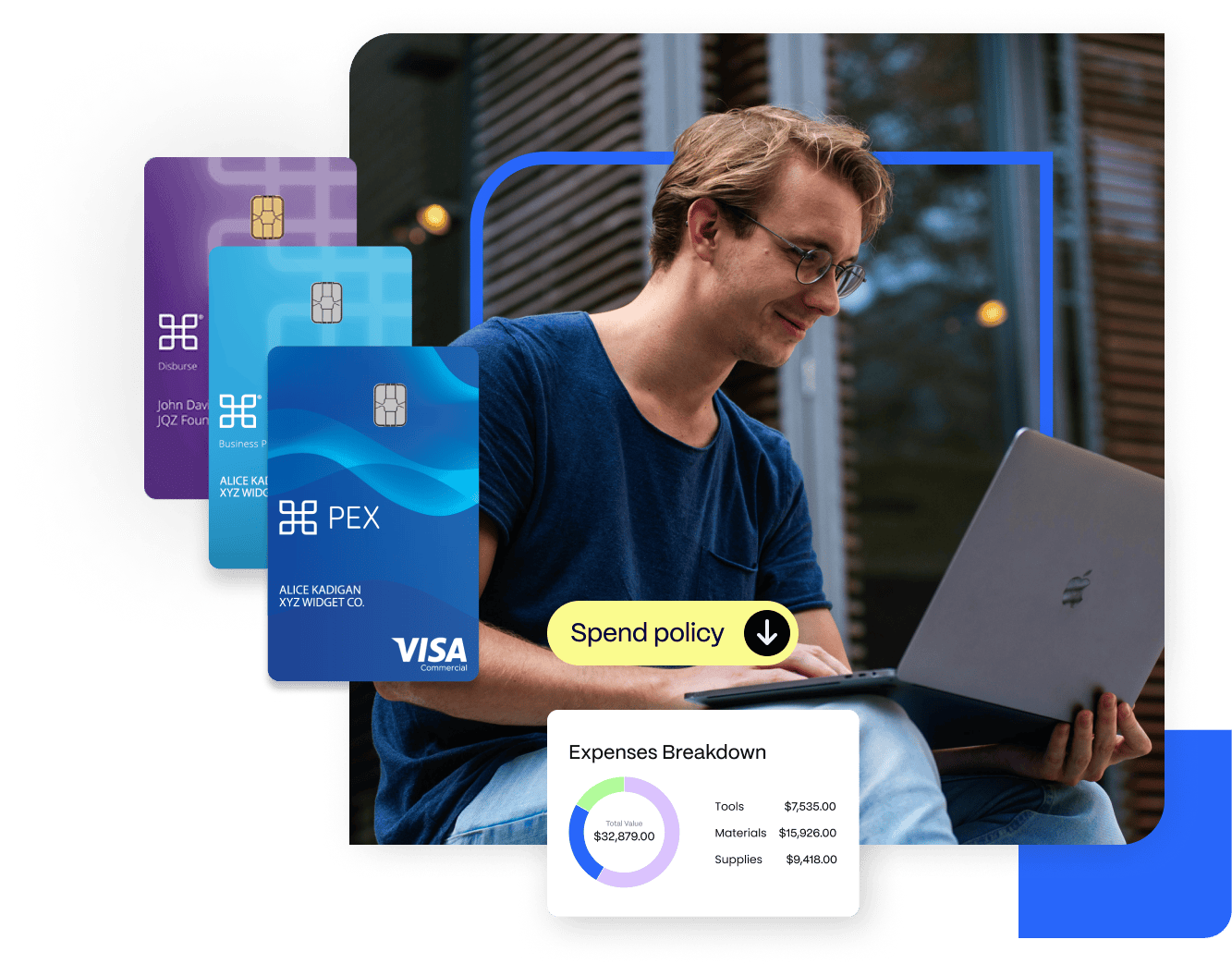 A person using a laptop, surrounded by credit cards labeled "Pex" and a financial chart titled "Expenses Breakdown." A button reads "Spend policy.