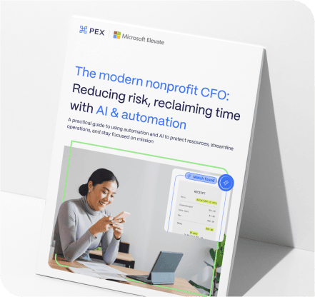 A brochure titled "The modern nonprofit CFO: Reducing risk, reclaiming time with AI & automation" featuring a woman working on a laptop and a sample expense report.
