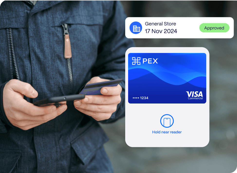 Person holding a phone and a debit card, with a digital payment confirmation showing a Visa card, approval status, and transaction date of 17 Nov 2024.