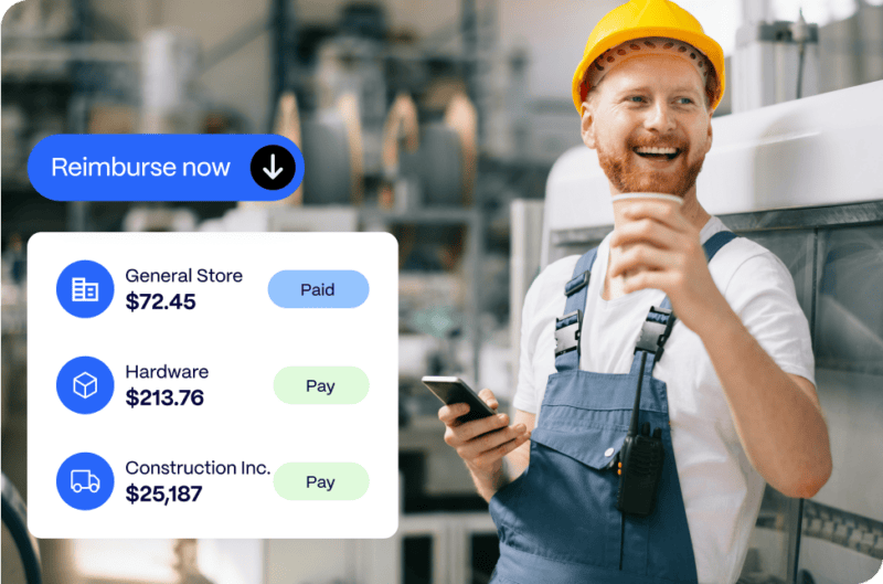 Man in work gear holds a phone and drinks coffee. Graphic overlays show payment statuses for store, hardware, and construction expenses.