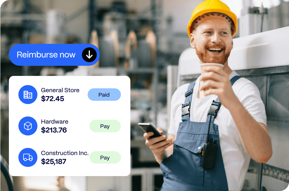 Man in work gear holds a phone and drinks coffee. Graphic overlays show payment statuses for store, hardware, and construction expenses.