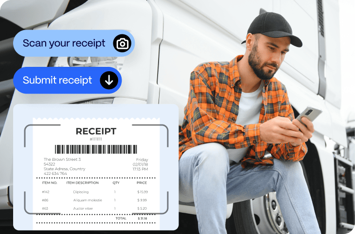 Man in a cap and plaid shirt sits by a truck holding a phone. Overlaid graphic shows receipt scanning instructions and a sample receipt.