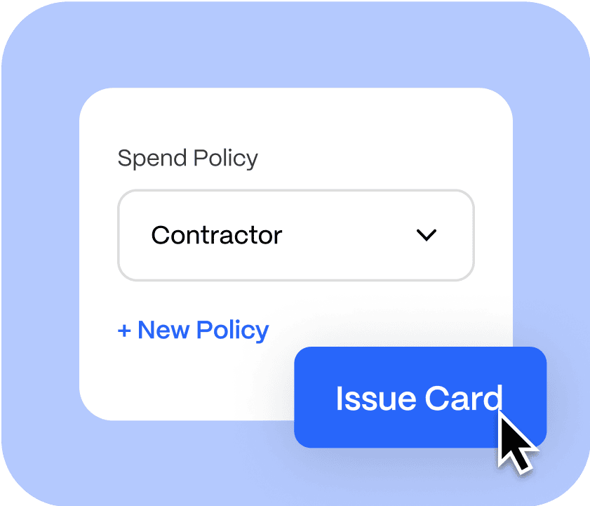 The dropdown menu, featuring "Contractor" under "Spend Policy," showcases a cursor hovering over the "Issue Card" button against a blue background, highlighting seamless financial workflow automation.