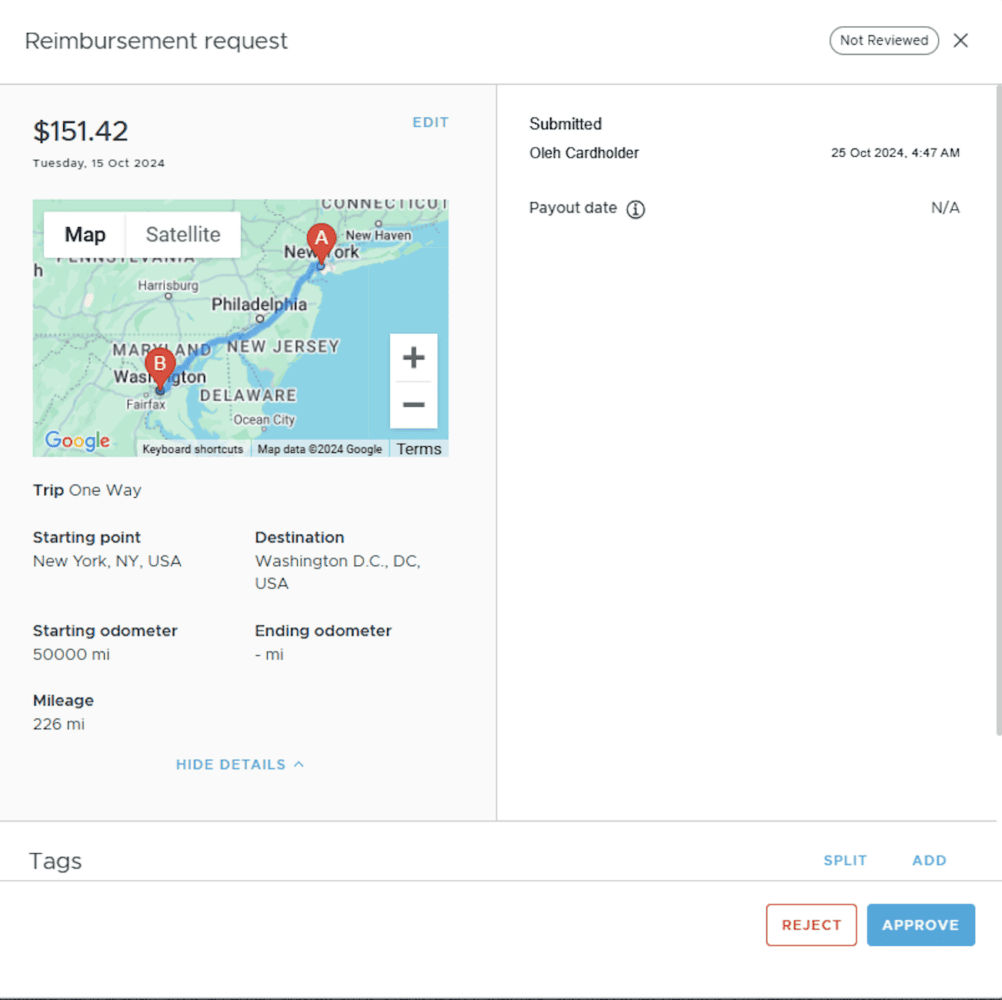 PEX Mileage Reimbursements feature
