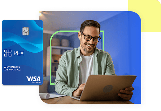Man with glasses smiles while using a laptop. A PEX Visa card is displayed on the left side of the image.