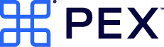 Blue geometric logo next to the word "PEX" in bold, dark letters on a light background.