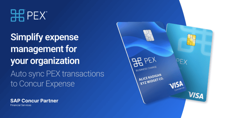 Two PEX Visa business charge cards on a blue background with text promoting expense management and integration with Concur Expense.