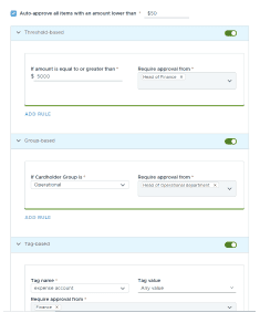 Settings interface for approval rules, incorporating month end close options, including threshold-based, group-based, and tag-based criteria. It features fields for amounts, approvals, and specific roles to streamline financial workflows.