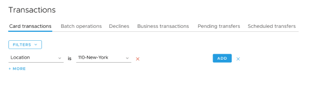 Screenshot of a transaction filter menu with options for location set to "110-New-York" and an "ADD" button on a financial platform interface, perfect for streamlining month-end close processes.