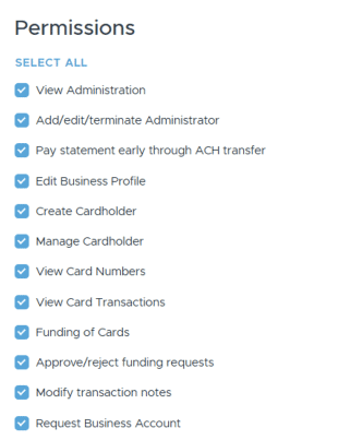 List of permissions with checkboxes includes options like view administration, edit business profile, request business account, and manage month-end close tasks.
