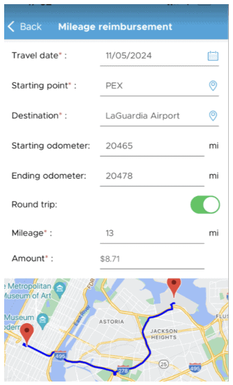 App screen showing mileage reimbursement details: Travel date 11/05/2024, Starting point PEX, Destination LaGuardia Airport, Round trip 13 miles, Amount $8.71. Perfect for month-end close preparations. Map route displayed below.