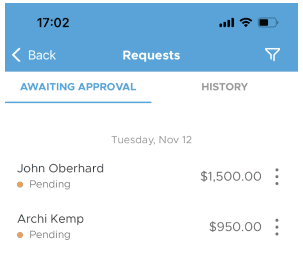 The mobile app interface displays two pending payment requests from the month-end close: John Oberhard for $1,500 and Archi Kemp for $950, dated Tuesday, Nov 12.