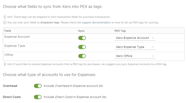 A settings interface displaying sync options for fields between Xero and PEX, including Expense Account, Expense Type, and Office. Designed to streamline your month-end close process, it features toggle switches and account type selection for Expenses.