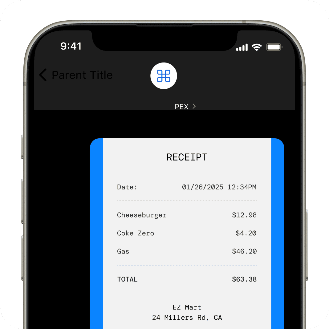A smartphone screen showcases a digital receipt, seamlessly integrated through financial workflow automation. It lists a cheeseburger for $12.98, Coke Zero for $4.20, and gas for $46.20, totaling $63.38 on 01/26/2025 at 12:34 PM.