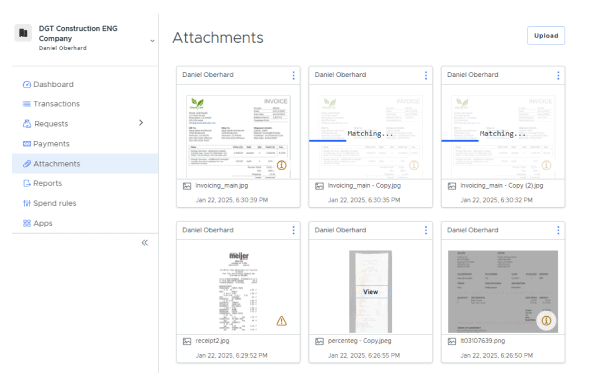 A digital dashboard within the spend management software displays a list of document attachments, including invoices and receipts, with upload options visible on the top right.
