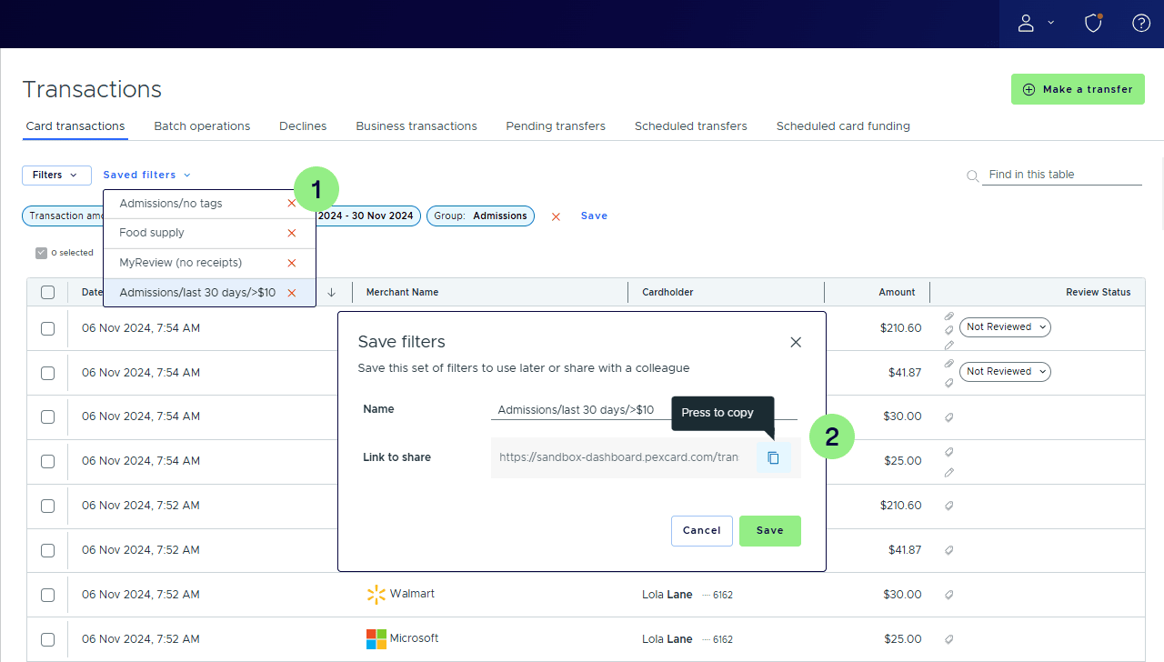 Screenshot of a financial transactions page within spend management software shows filters applied. A pop-up offers a 'Save filters' option, enabling link sharing. Transactions are detailed with amount and date for easy review.